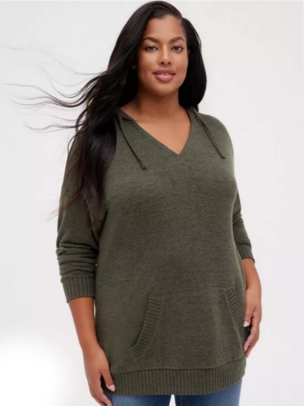Torrid Super Soft Stretch V-Neck Hoodie Tunic Sweater in Olive Green size 2 (2X)